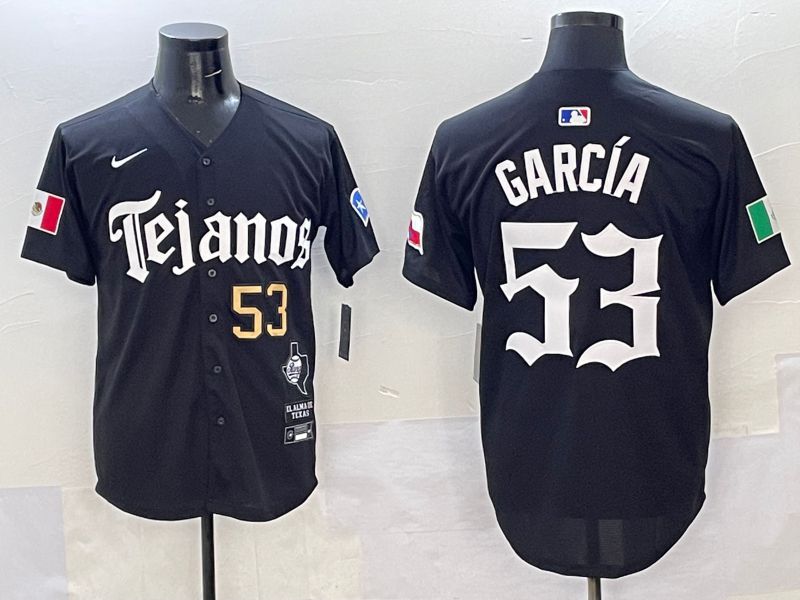 Men Texas Rangers 53 Garcia Black Five generations Joint Name 2025 Nike MLB Jersey style 3
